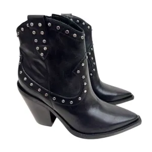Arezzo Boots Size 10B Black Leather Block Heel Studded Booties Side Zip NEW