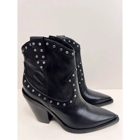 Arezzo Boots Size 10B Black Leather Block Heel Studded Booties Side Zip NEW