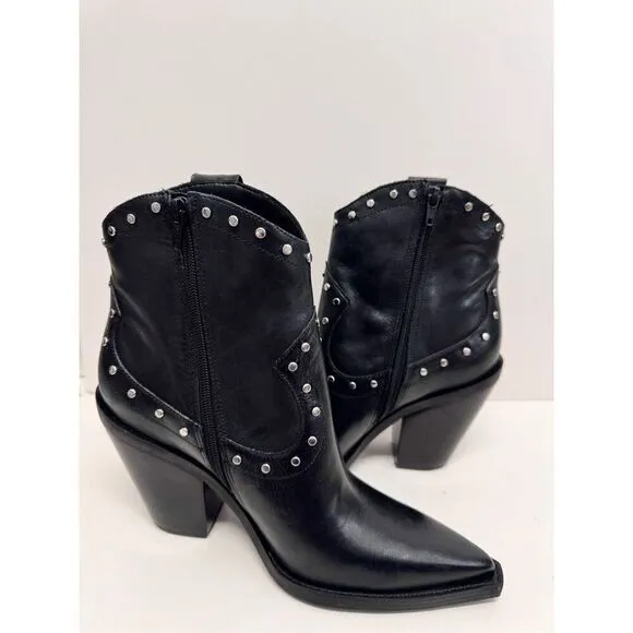 Arezzo Boots Size 10B Black Leather Block Heel Studded Booties Side Zip NEW
