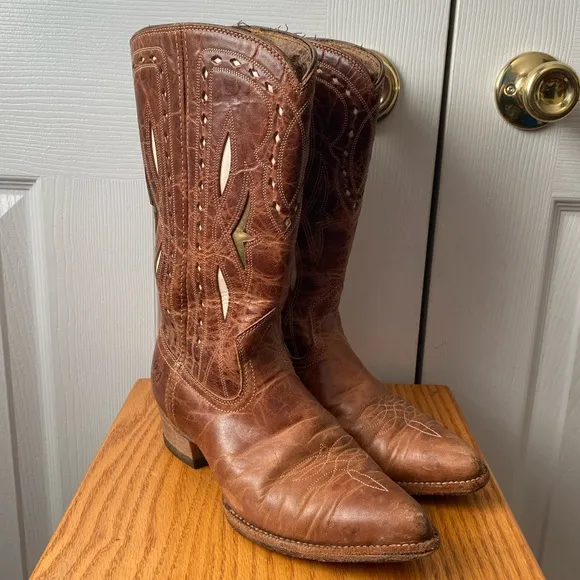 ARIAT Starling Brown Distressed Leather White/Gold Inlay Western Boots SZ 6B