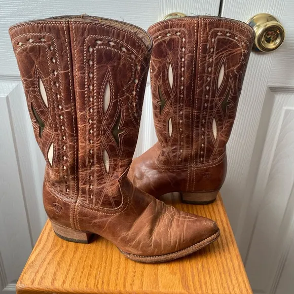 ARIAT Starling Brown Distressed Leather White/Gold Inlay Western Boots SZ 6B