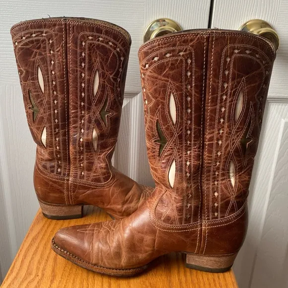ARIAT Starling Brown Distressed Leather White/Gold Inlay Western Boots SZ 6B