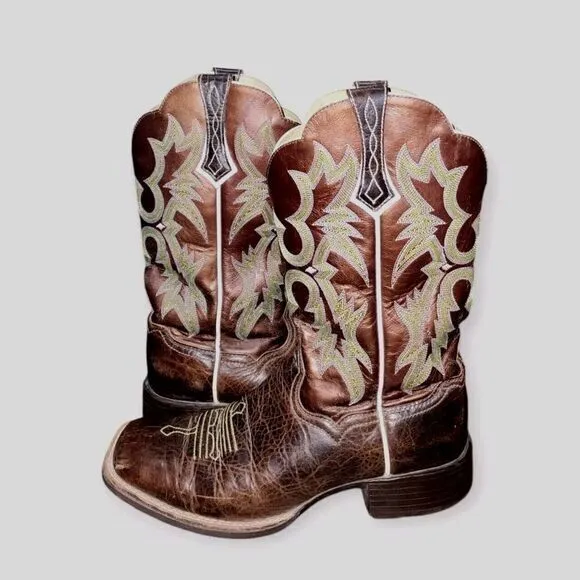 Ariat Women's Tombstone Square Toe Western Leather Boots 10005867 Brown Green 9B
