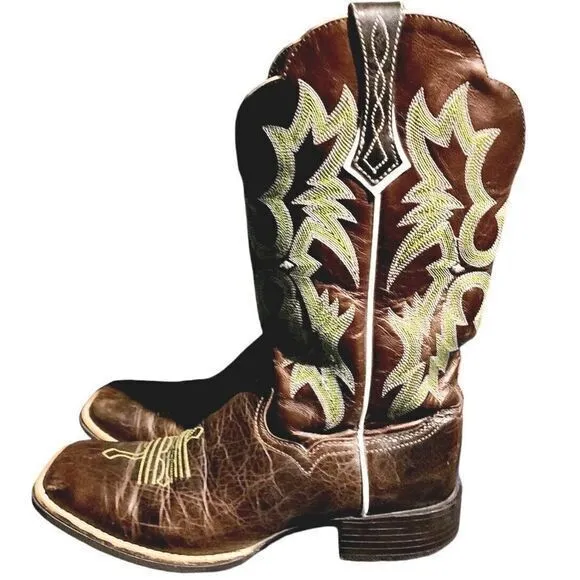 Ariat Women's Tombstone Square Toe Western Leather Boots 10005867 Brown Green 9B