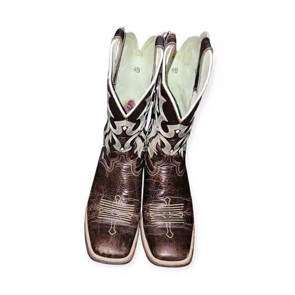 Ariat Women's Tombstone Square Toe Western Leather Boots 10005867 Brown Green 9B