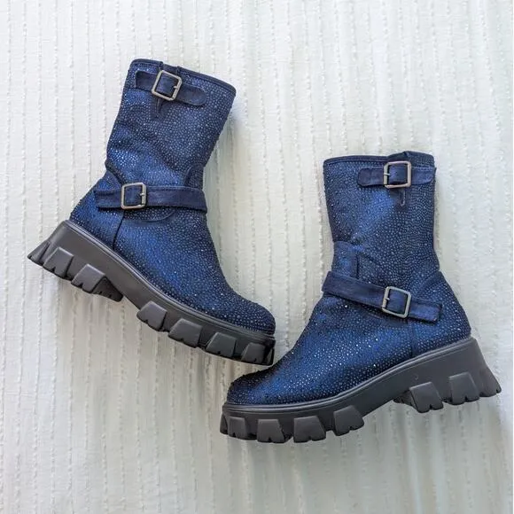 Atalina Lexi Boot Dark Blue Crystal Sparkle Buckle size 8.5