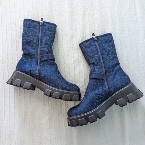 Atalina Lexi Boot Dark Blue Crystal Sparkle Buckle size 8.5