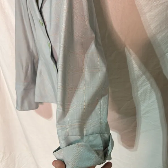 Aura 12 wool spandex baby blue plaid blazer French cuffs designer nwot