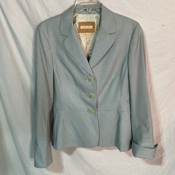 Aura 12 wool spandex baby blue plaid blazer French cuffs designer nwot