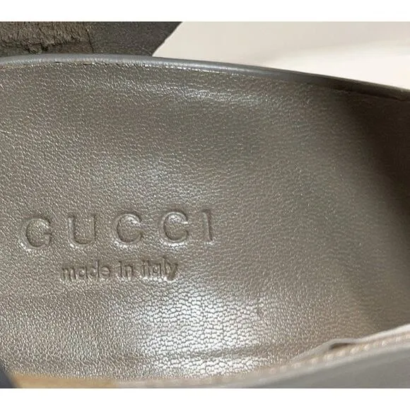 Authentic GUCCI Clemence Gray Leather Peep Toe Wedge Cut Out Heel Size EU 39/9