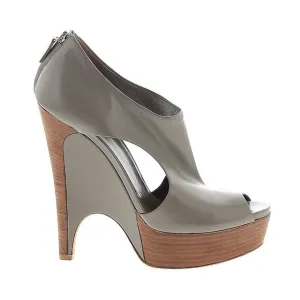Authentic GUCCI Clemence Gray Leather Peep Toe Wedge Cut Out Heel Size EU 39/9