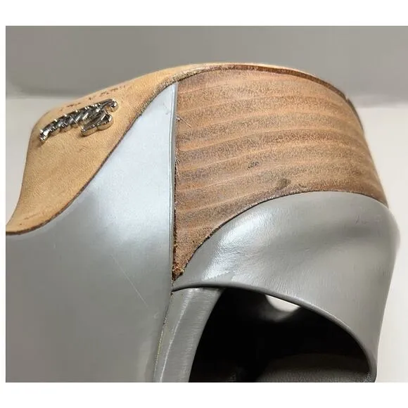 Authentic GUCCI Clemence Gray Leather Peep Toe Wedge Cut Out Heel Size EU 39/9