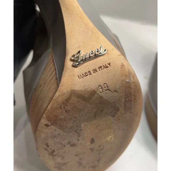 Authentic GUCCI Clemence Gray Leather Peep Toe Wedge Cut Out Heel Size EU 39/9