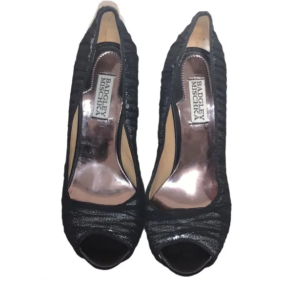 Badgley Mischka Star Sequin Ruched Mesh Tulle Peep Toe Black High Heels 8