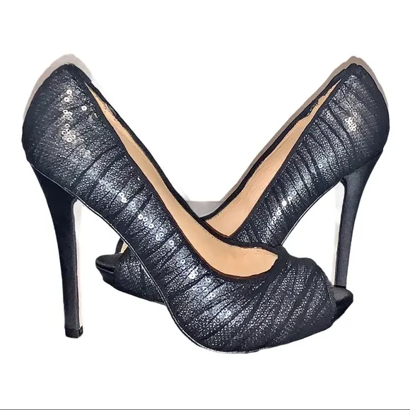 Badgley Mischka Star Sequin Ruched Mesh Tulle Peep Toe Black High Heels 8