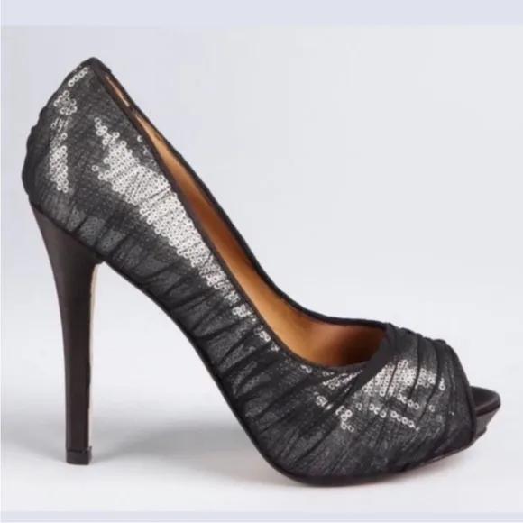 Badgley Mischka Star Sequin Ruched Mesh Tulle Peep Toe Black High Heels 8