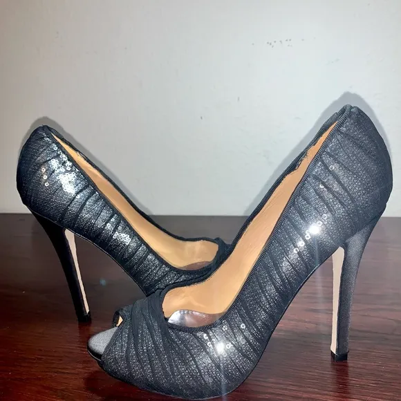 Badgley Mischka Star Sequin Ruched Mesh Tulle Peep Toe Black High Heels 8