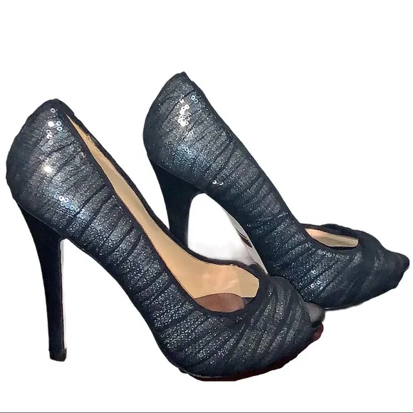 Badgley Mischka Star Sequin Ruched Mesh Tulle Peep Toe Black High Heels 8