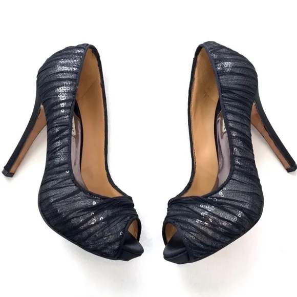 Badgley Mischka Star Sequin Ruched Mesh Tulle Peep Toe Black High Heels 8