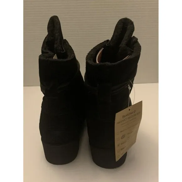 BearPaw Krista Black Suede Low Heel Size 8 Sheepskin/Wool Water Resistant Bootie