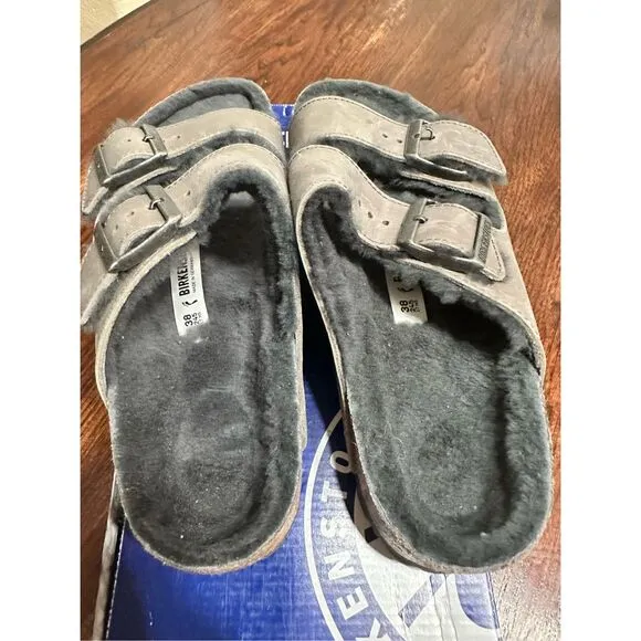 Birkenstock Iron Gray Shearling Arizona Sandals Size 38 or Womens 7-7.5