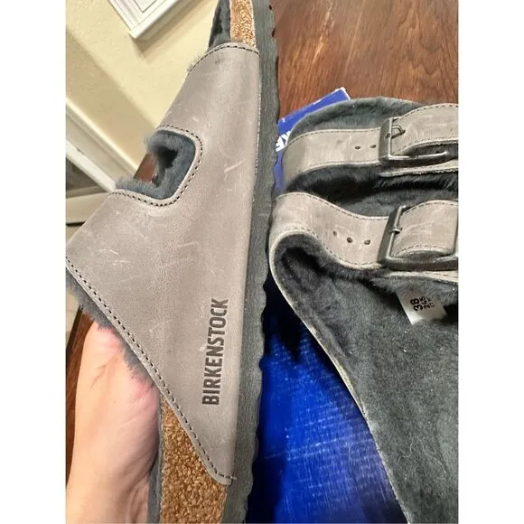 Birkenstock Iron Gray Shearling Arizona Sandals Size 38 or Womens 7-7.5