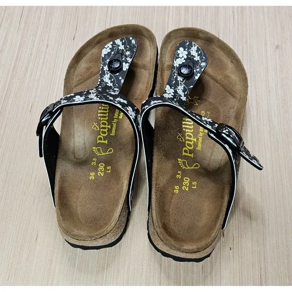 Birkenstock Papillio SZ 36 Womens US 5 Gizeh Black/White Sandals Made Germany