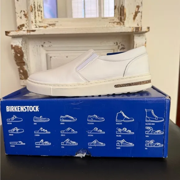 Birkenstock WoMen's White Leather Slip-On Shoes Size 38/ 7
