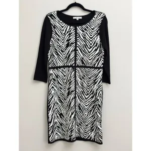 Black &amp; White Zebra Animal Print Long Sleeve Midi Soft Sweater Shift Dress-Large