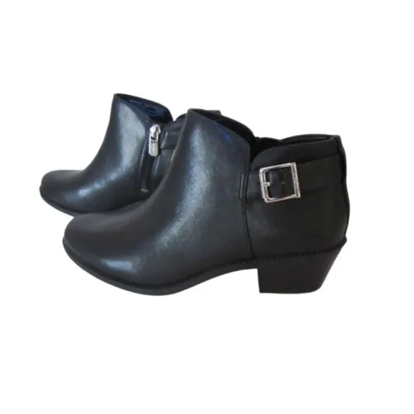 Black Leather Ankle Boots With Side Zipper &amp; Buckle Detail