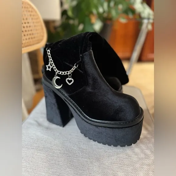 Black Platform Boots with Chain Detail Sugar Thrillz velvet knee high