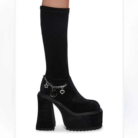 Black Platform Boots with Chain Detail Sugar Thrillz velvet knee high
