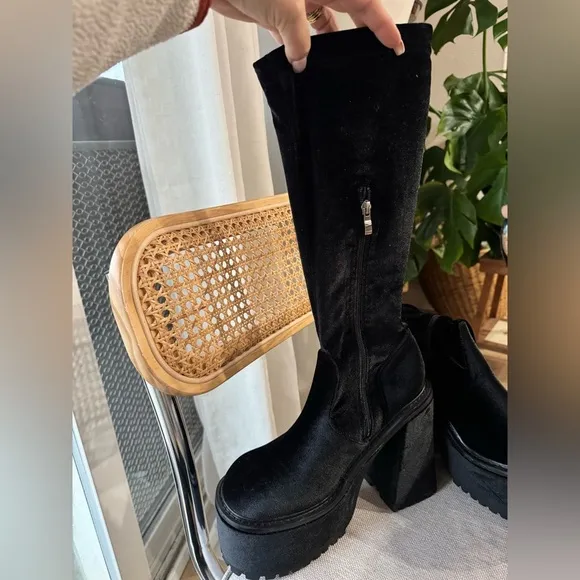 Black Platform Boots with Chain Detail Sugar Thrillz velvet knee high