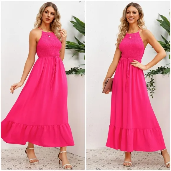 Blue Smocked Crisscross Spaghetti Strap Dress