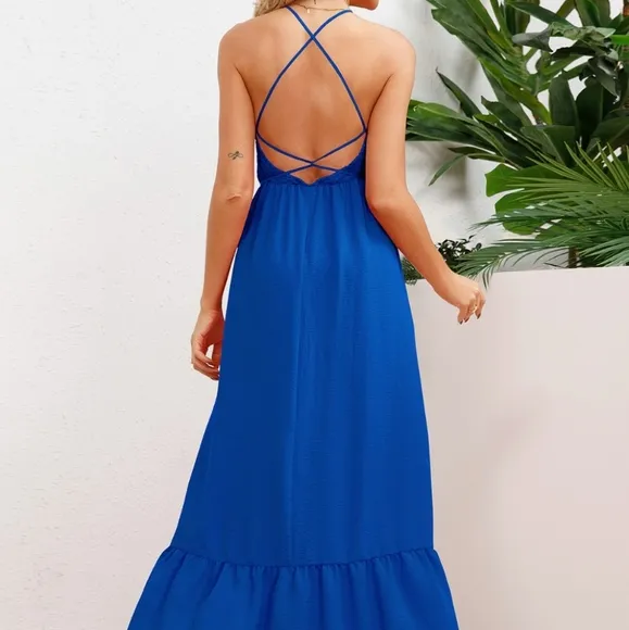 Blue Smocked Crisscross Spaghetti Strap Dress