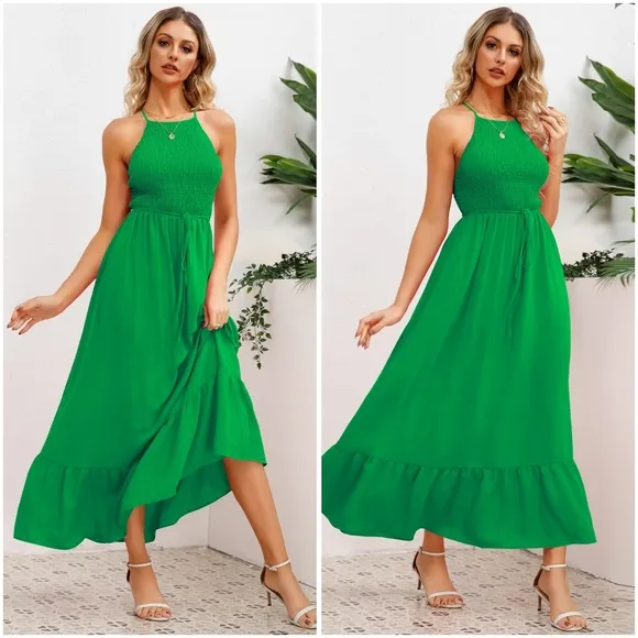 Blue Smocked Crisscross Spaghetti Strap Dress