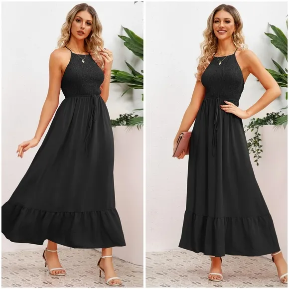 Blue Smocked Crisscross Spaghetti Strap Dress