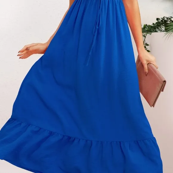 Blue Smocked Crisscross Spaghetti Strap Dress