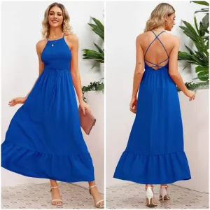 Blue Smocked Crisscross Spaghetti Strap Dress