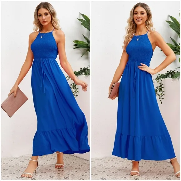 Blue Smocked Crisscross Spaghetti Strap Dress