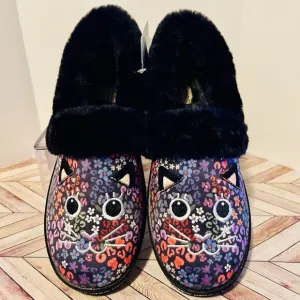 BOBS Skechers Too Cozy Meow Cat Women’s 8 Floral Slippers Fur Embroidered Vegan