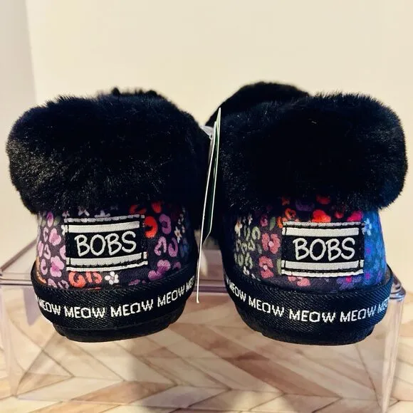 BOBS Skechers Too Cozy Meow Cat Women’s 8 Floral Slippers Fur Embroidered Vegan