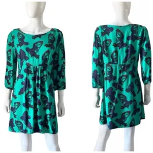 Boden Womens Bird Sparrow Print 3/4 Sleeve Dress Teal  Sz 18L