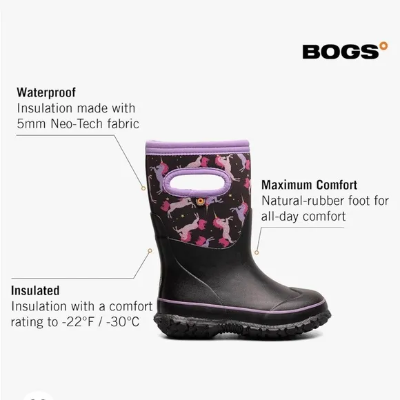 BOGS Unicorn Horse Waterproof Rain Snow Boots Black Purple Turquoise Blue 3  35