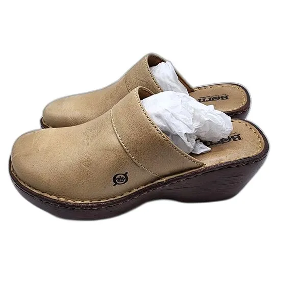 Born Beige Leather Clog Sandals Size 8