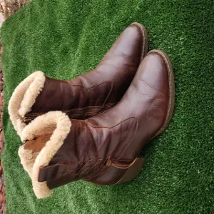 Born Womens Leather Shearling Sheep Fur Heeled Ankle Boots Brown Size 9 Comfort