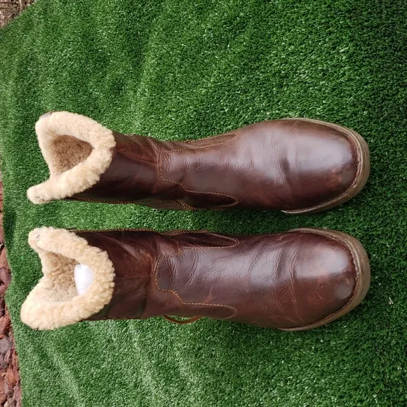 Born Womens Leather Shearling Sheep Fur Heeled Ankle Boots Brown Size 9 Comfort