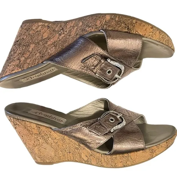 BRIGHTON Wedge Sandals Size 8 Cork Metallic Platform Buckle Boho Heeled Leather