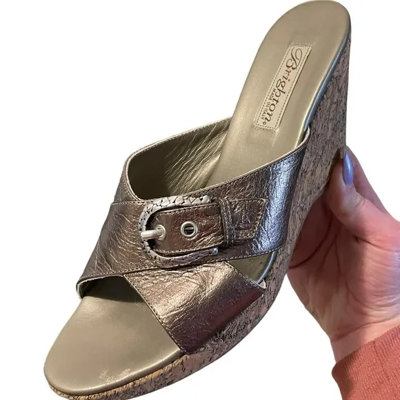 BRIGHTON Wedge Sandals Size 8 Cork Metallic Platform Buckle Boho Heeled Leather