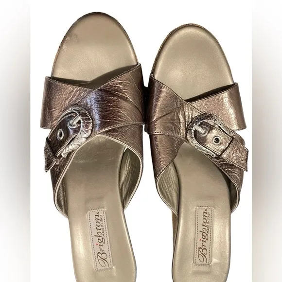 BRIGHTON Wedge Sandals Size 8 Cork Metallic Platform Buckle Boho Heeled Leather
